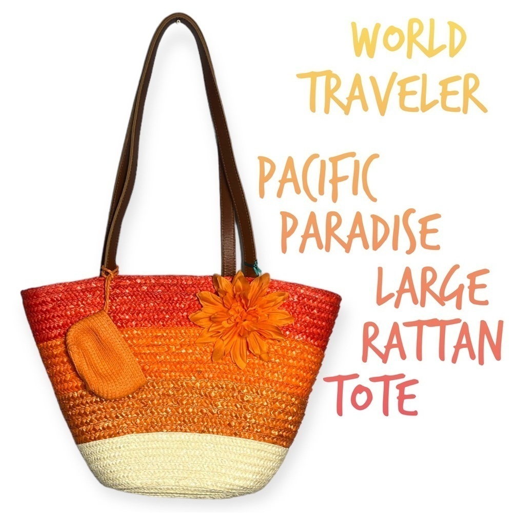 World Traveler Pacific Paradise orange rattan tote bag with change purse - Picture 2 of 11